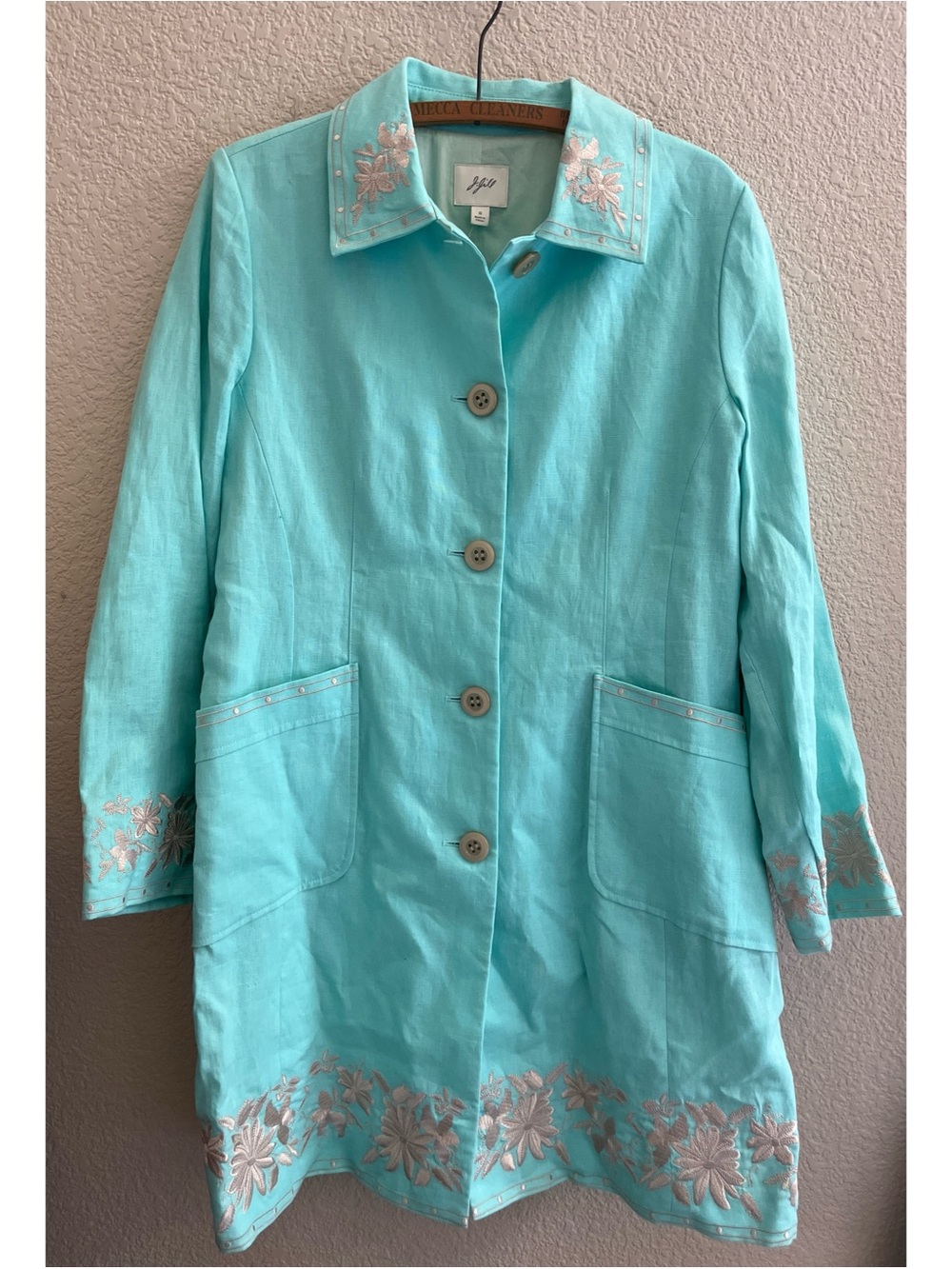 New J. Jill Aqua Linen Duster Embroidered Jacket Women’s Size Small